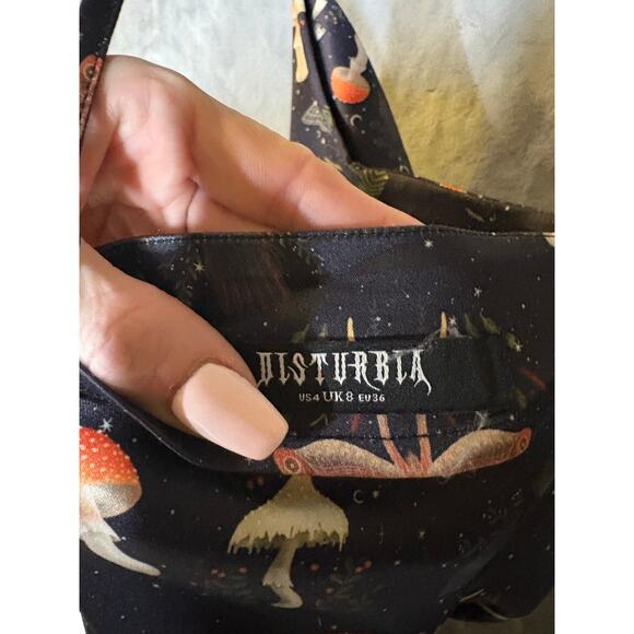 Disturbia Medeina Print Cowl Neck Satin Slip Dress S Fairy Mushroom Moth Cottage - Picture 11 of 13